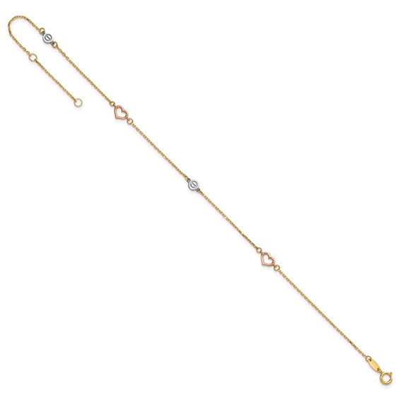 14k Tri-color Polished Hearts and Circles 9 inch Plus 1 inch Extender - Total 10 inch Anklet