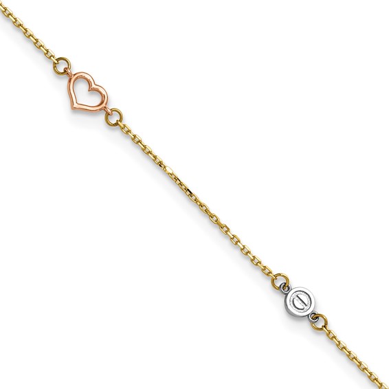 14k Tri-color Polished Hearts and Circles 9 inch Plus 1 inch Extender - Total 10 inch Anklet