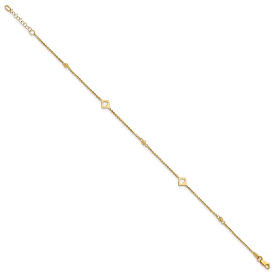 14k Polished Cut-out Hearts and Diamond-cut Beads 9 inch Plus 1 inch Extender - Total 10 inch Anklet