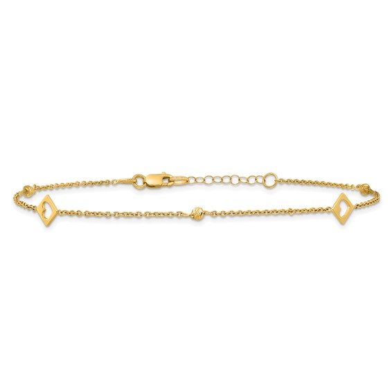 14k Polished Cut-out Hearts and Diamond-cut Beads 9 inch Plus 1 inch Extender - Total 10 inch Anklet