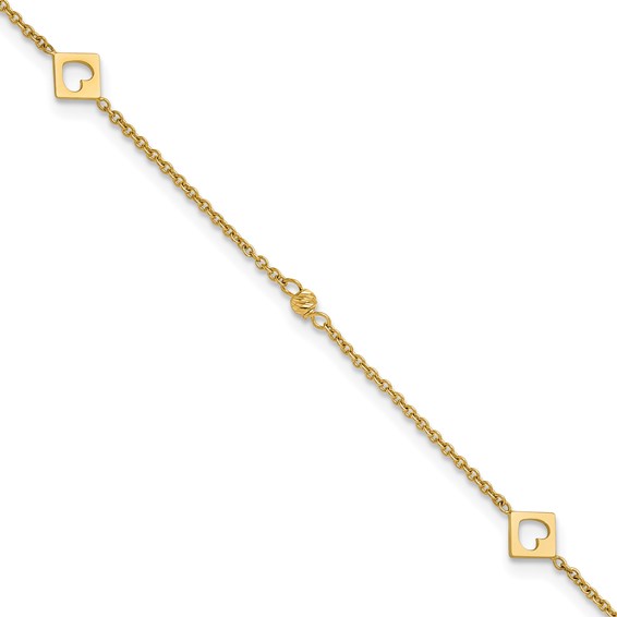 14k Polished Cut-out Hearts and Diamond-cut Beads 9 inch Plus 1 inch Extender - Total 10 inch Anklet