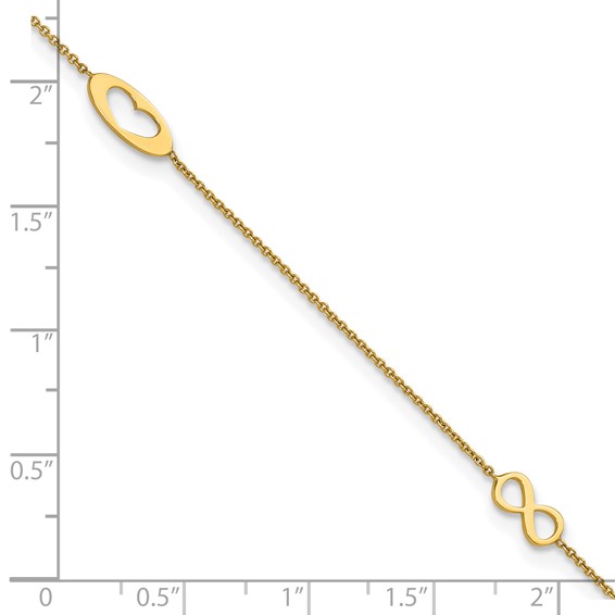 14k Polished Infinity and Heart 9 inch Anklet with 1 inch Extender - Total 10 inch Anklet