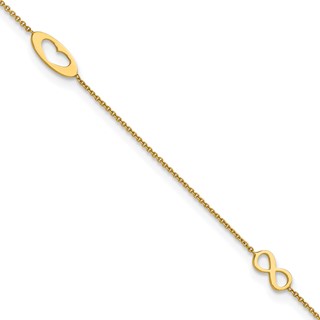 14k Polished Infinity and Heart 9 inch Anklet with 1 inch Extender - Total 10 inch Anklet