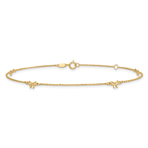 14k Polished Bows 4-station 9 inch Plus 1 inch Extender - Total 10 inch Anklet