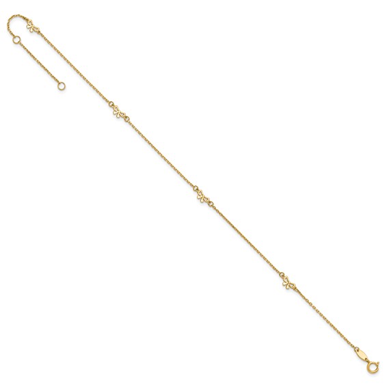 14k Polished Bows 4-station 9 inch Plus 1 inch Extender - Total 10 inch Anklet