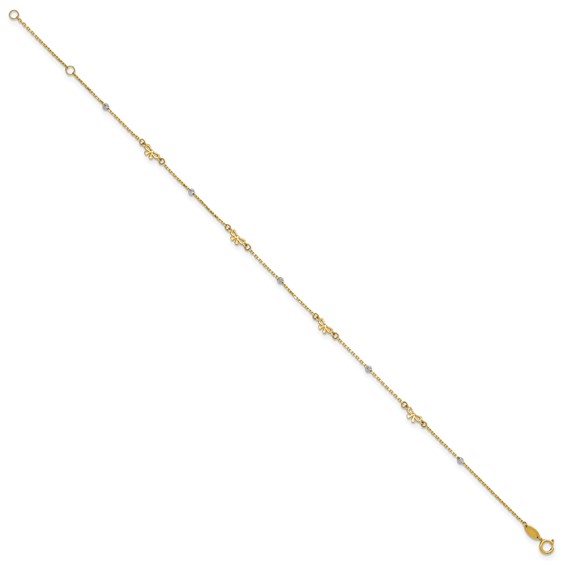 14k Two-tone Polished Diamond-cut Beads and Bows 9 inch Plus 1 inch Extender - Total 10 inch Anklet