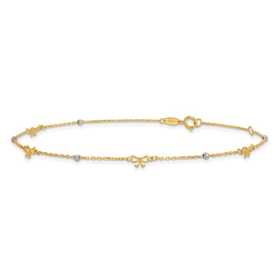 14k Two-tone Polished Diamond-cut Beads and Bows 9 inch Plus 1 inch Extender - Total 10 inch Anklet