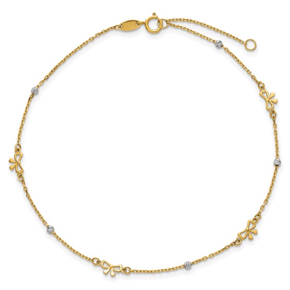 14k Two-tone Polished Diamond-cut Beads and Bows 9 inch Plus 1 inch Extender - Total 10 inch Anklet