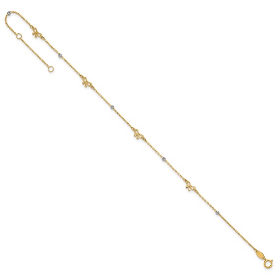 14k Two-tone Polished Diamond-cut Beads and Bows 9 inch Plus 1 inch Extender - Total 10 inch Anklet