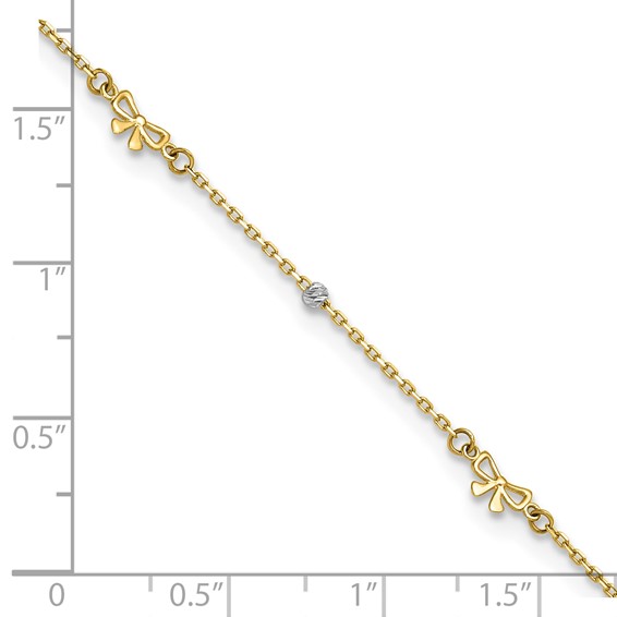 14k Two-tone Polished Diamond-cut Beads and Bows 9 inch Plus 1 inch Extender - Total 10 inch Anklet