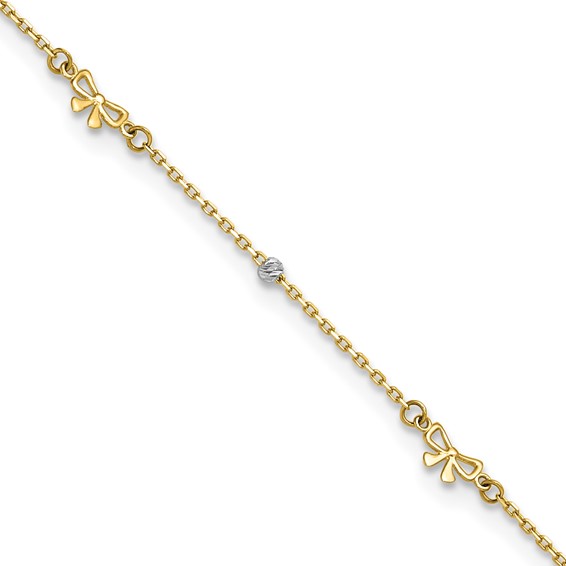 14k Two-tone Polished Diamond-cut Beads and Bows 9 inch Plus 1 inch Extender - Total 10 inch Anklet