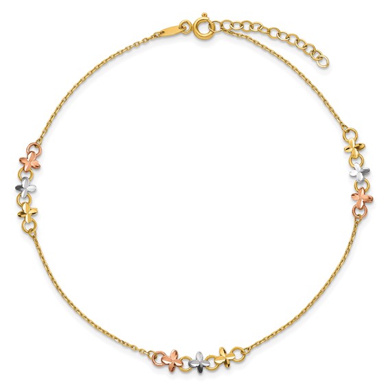 14K Two-tone with White Rhodium 3-Station Flowers 9 inch Plus 1 inch Extender - Total 10 inch Anklet