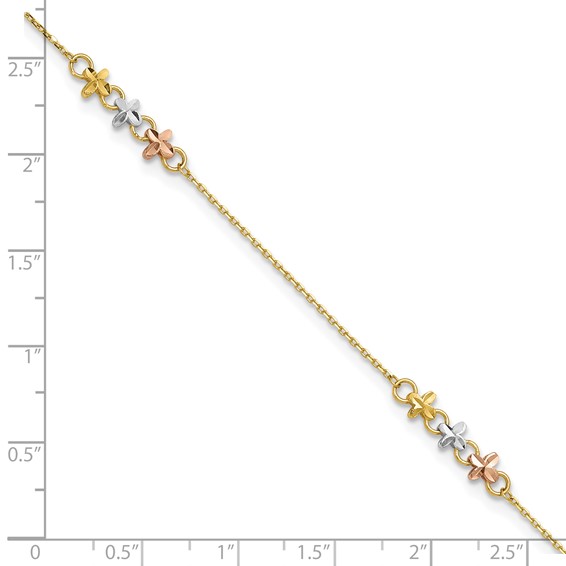 14K Two-tone with White Rhodium 3-Station Flowers 9 inch Plus 1 inch Extender - Total 10 inch Anklet