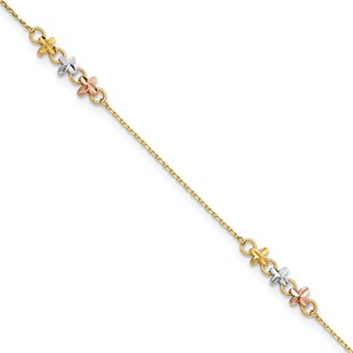 14K Two-tone with White Rhodium 3-Station Flowers 9 inch Plus 1 inch Extender - Total 10 inch Anklet
