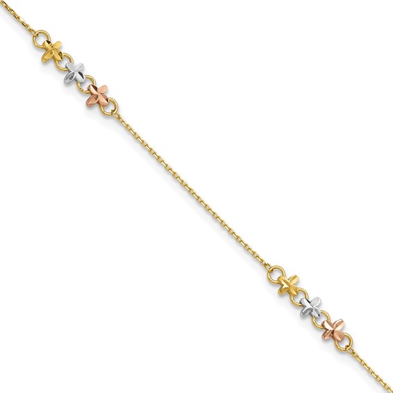 14K Two-tone with White Rhodium 3-Station Flowers 9 inch Plus 1 inch Extender - Total 10 inch Anklet
