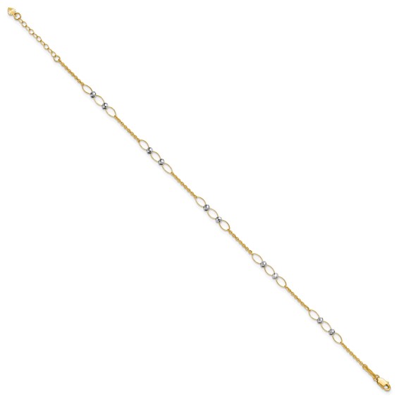 14k Two-tone Oval Links and Mirror Beads 9 inch Plus 1 inch Extender - Total 10 inch Anklet