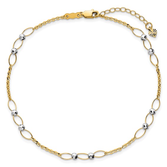 14k Two-tone Oval Links and Mirror Beads 9 inch Plus 1 inch Extender - Total 10 inch Anklet