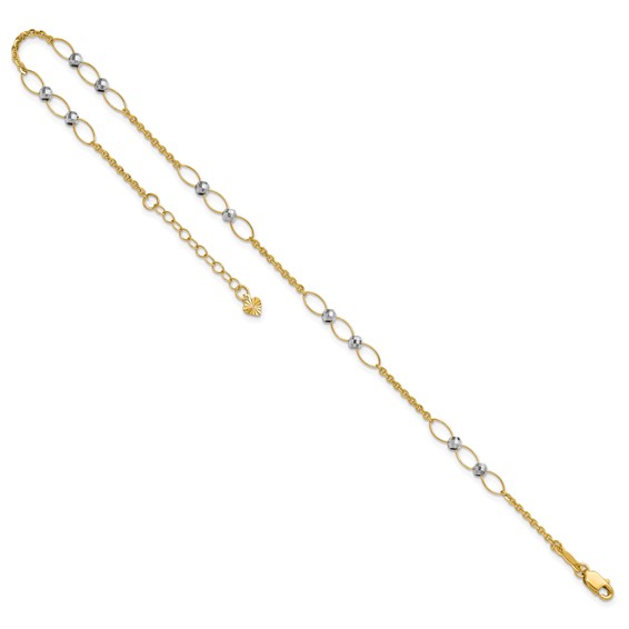 14k Two-tone Oval Links and Mirror Beads 9 inch Plus 1 inch Extender - Total 10 inch Anklet