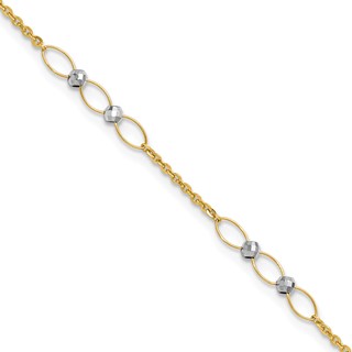 14k Two-tone Oval Links and Mirror Beads 9 inch Plus 1 inch Extender - Total 10 inch Anklet