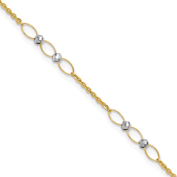 14k Two-tone Oval Links and Mirror Beads 9 inch Plus 1 inch Extender - Total 10 inch Anklet