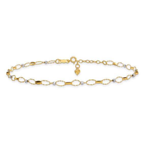 14k Two-tone Twisted Links and Mirror Beads 9 inch Plus 1 inch Extender - Total 10 inch Anklet
