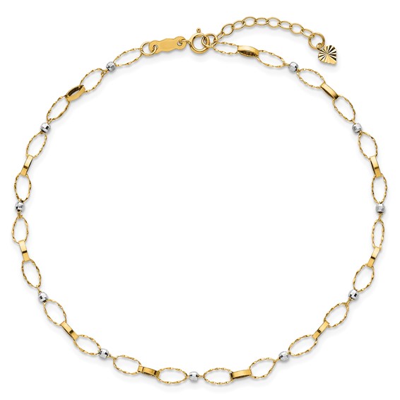 14k Two-tone Twisted Links and Mirror Beads 9 inch Plus 1 inch Extender - Total 10 inch Anklet