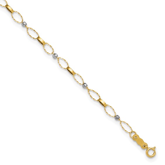 14k Two-tone Twisted Links and Mirror Beads 9 inch Plus 1 inch Extender - Total 10 inch Anklet