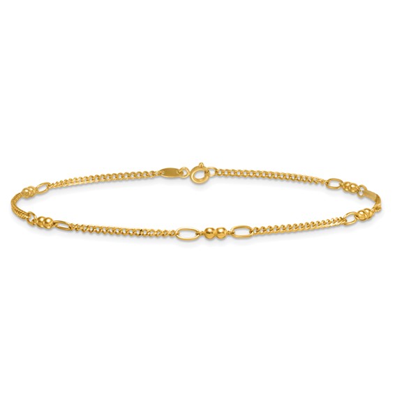 14K Polished and Diamond-cut 5-Station Beaded Mixed Link 10 inch Anklet