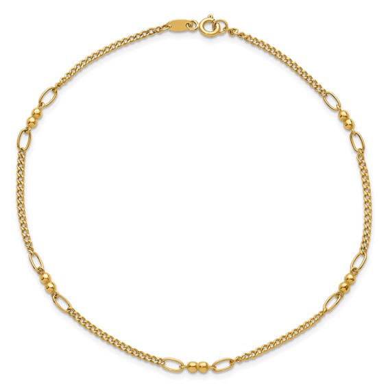 14K Polished and Diamond-cut 5-Station Beaded Mixed Link 10 inch Anklet