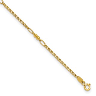 14K Polished and Diamond-cut 5-Station Beaded Mixed Link 10 inch Anklet