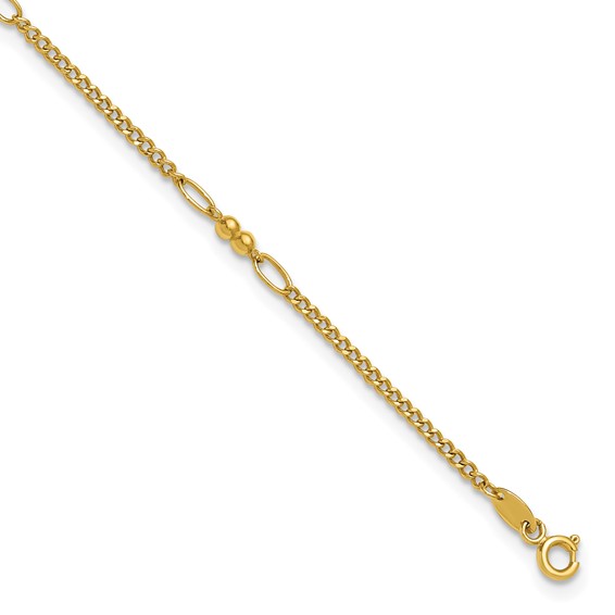 14K Polished and Diamond-cut 5-Station Beaded Mixed Link 10 inch Anklet