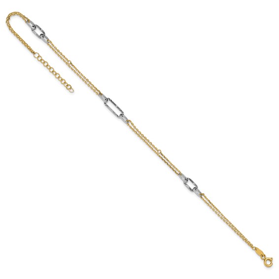 14K Two-tone Polished Diamond-cut 3-Station 9 inch Plus 1 inch Extender - Total 10 inch Anklet