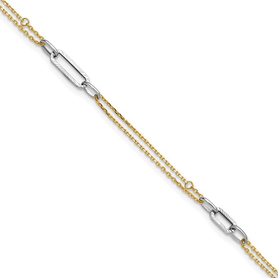14K Two-tone Polished Diamond-cut 3-Station 9 inch Plus 1 inch Extender - Total 10 inch Anklet
