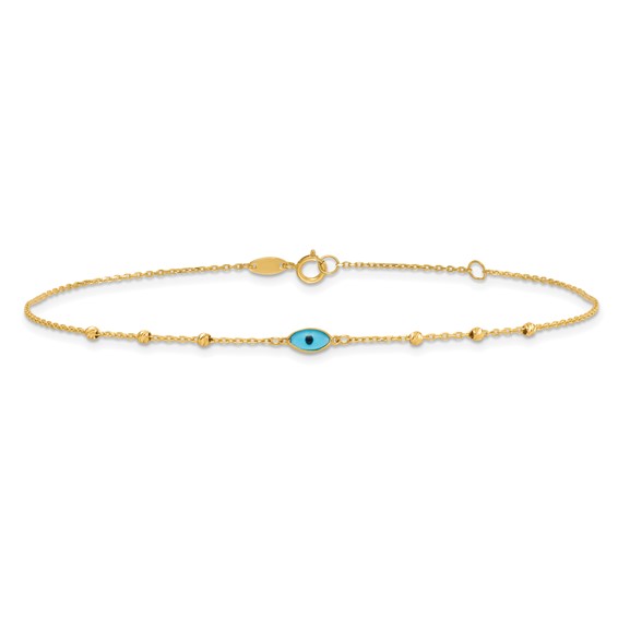 14k Diamond-cut Bead Stations Blue Glass Evil Eye 9 inch Plus 1 inch Extender - Total 10 inch Anklet