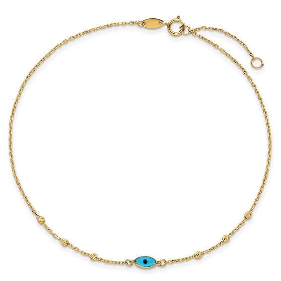 14k Diamond-cut Bead Stations Blue Glass Evil Eye 9 inch Plus 1 inch Extender - Total 10 inch Anklet