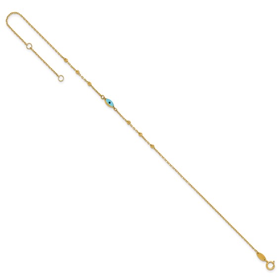 14k Diamond-cut Bead Stations Blue Glass Evil Eye 9 inch Plus 1 inch Extender - Total 10 inch Anklet