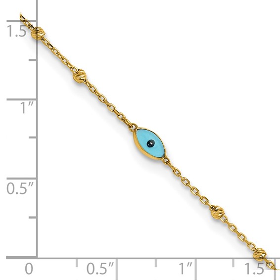 14k Diamond-cut Bead Stations Blue Glass Evil Eye 9 inch Plus 1 inch Extender - Total 10 inch Anklet