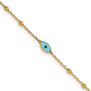 14k Diamond-cut Bead Stations Blue Glass Evil Eye 9 inch Plus 1 inch Extender - Total 10 inch Anklet
