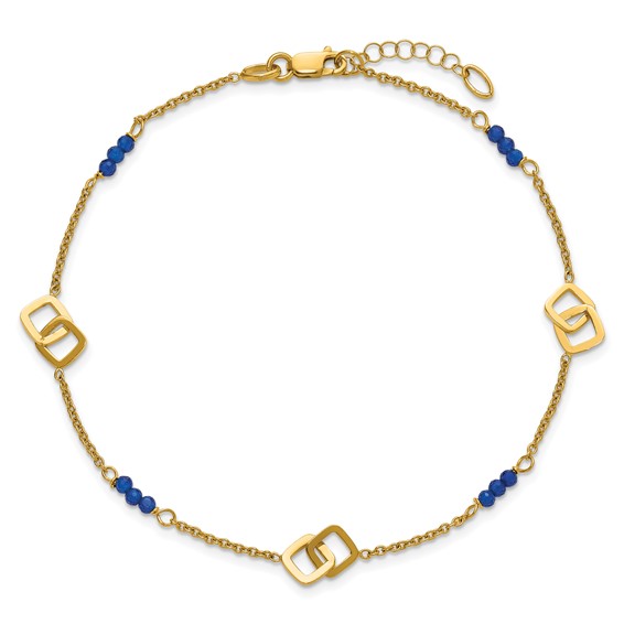 14k Polished Blue Spinel Beads and Squares 9 inch Plus 1 inch Extender - Total 10 inch Anklet