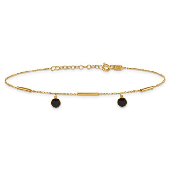 14K Polished Round Onyx Dangles and Bars 9 inch Plus 1 inch Extender - Total 10 inch Anklet