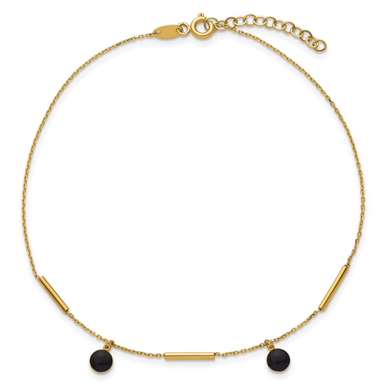 14K Polished Round Onyx Dangles and Bars 9 inch Plus 1 inch Extender - Total 10 inch Anklet