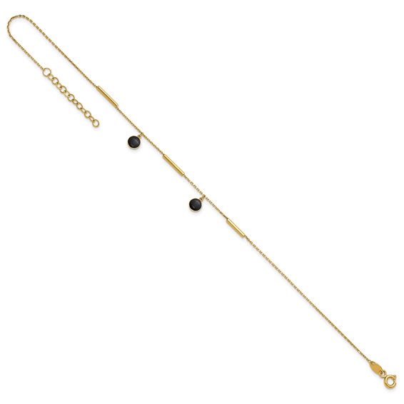 14K Polished Round Onyx Dangles and Bars 9 inch Plus 1 inch Extender - Total 10 inch Anklet