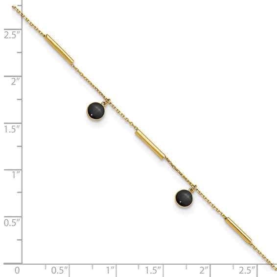 14K Polished Round Onyx Dangles and Bars 9 inch Plus 1 inch Extender - Total 10 inch Anklet