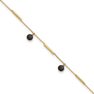 14K Polished Round Onyx Dangles and Bars 9 inch Plus 1 inch Extender - Total 10 inch Anklet