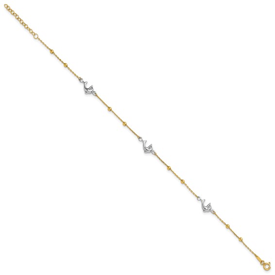 14K Two-tone Beads and Three Dolphins 9 inch Plus 1 inch Extender - Total 10 inch Anklet