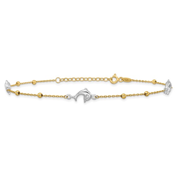 14K Two-tone Beads and Three Dolphins 9 inch Plus 1 inch Extender - Total 10 inch Anklet