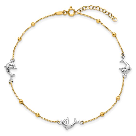 14K Two-tone Beads and Three Dolphins 9 inch Plus 1 inch Extender - Total 10 inch Anklet