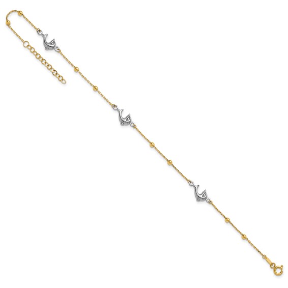 14K Two-tone Beads and Three Dolphins 9 inch Plus 1 inch Extender - Total 10 inch Anklet
