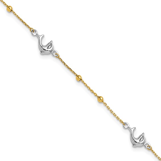 14K Two-tone Beads and Three Dolphins 9 inch Plus 1 inch Extender - Total 10 inch Anklet