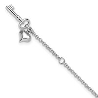 14K White Gold Cable Chain Anklet with Puffed Heart and Key Dangle Plus 1 Inch Extender - Total 10 Inch - 9in view 1